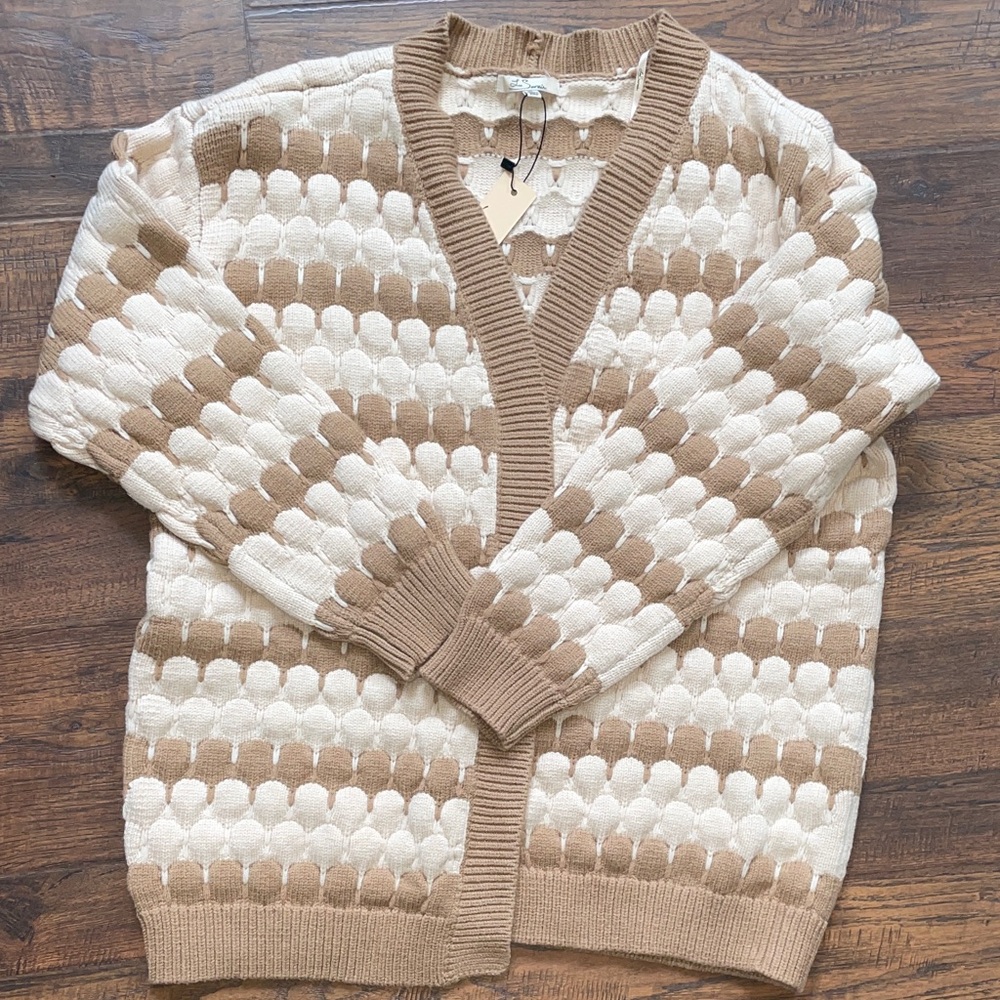 Chunky Knit Open Front Cardigan Sweater - Brown and Cream